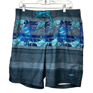 Speedo Swim Trunks Blue Gray Tropical Leaf Swim Shorts L Large